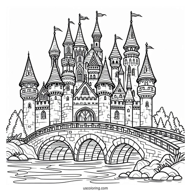 Castle Coloring Page With Bridge Over A River