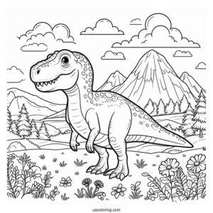 Dinosaur Coloring Page Of Mapusaurus In Mountain Landscape