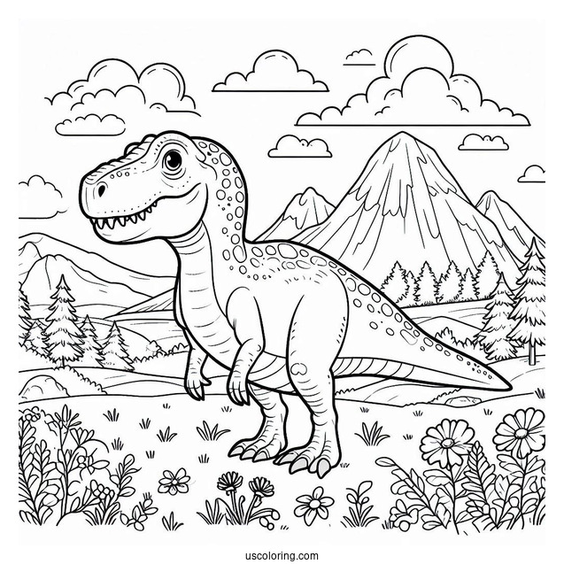 Dinosaur Coloring Page Of Mapusaurus In Mountain Landscape