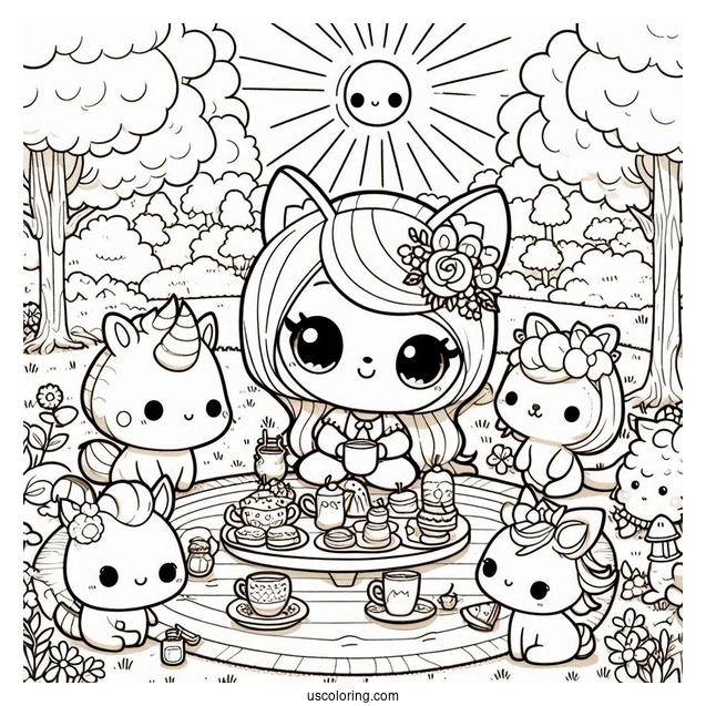 Chibi Coloring Page Tea Party in a Sunny Forest Meadow with Animal Friends