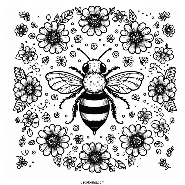 Top View of Bee Coloring Page Surrounded By Flowers