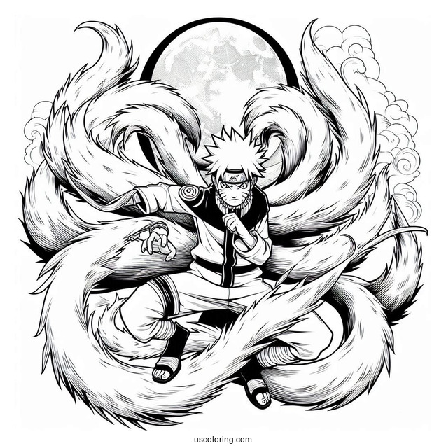 Naruto Coloring Page Of Fierce Nine Tails Under Full Moon