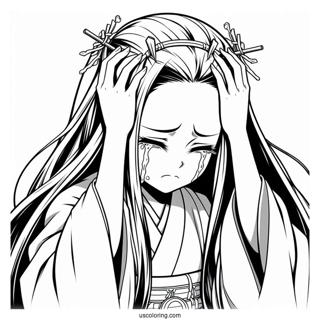 Nezuko Coloring Page Holding Head While Crying