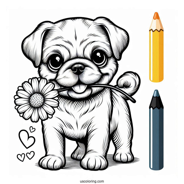 Pug Puppy Holding Flower In Mouth To Color
