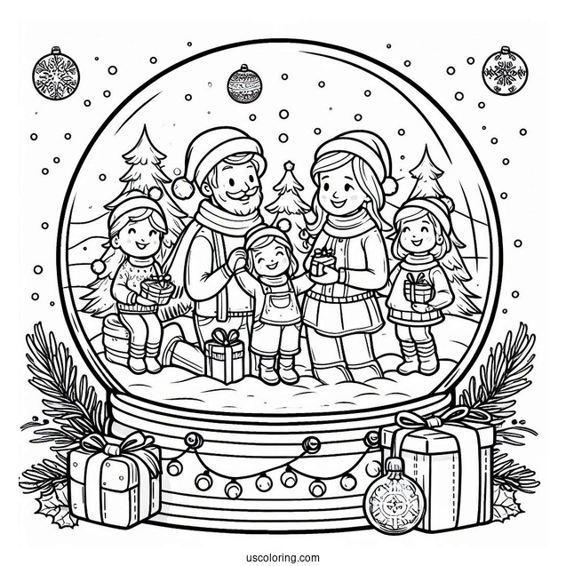 Family Celebrating Christmas Snow Globe Coloring Page