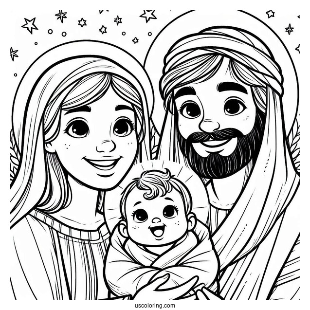 Nativity Coloring Page Of Smiling Joseph And Mary With Baby Jesus
