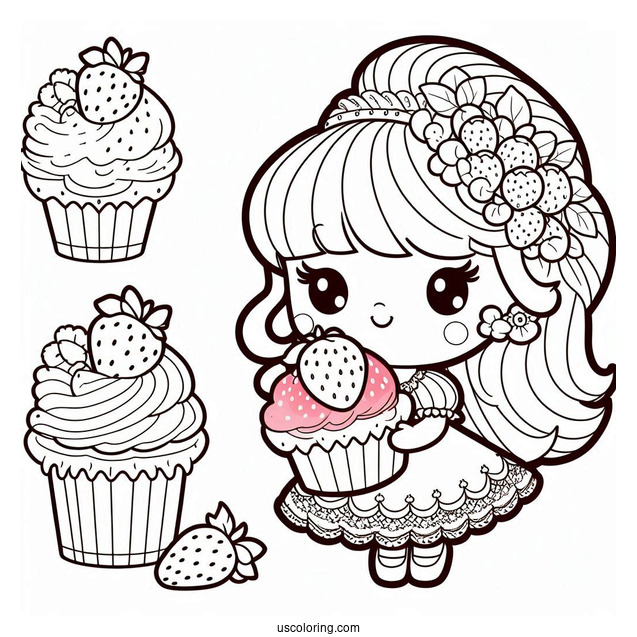 Strawberry Shortcake Coloring Page Holding Cupcake