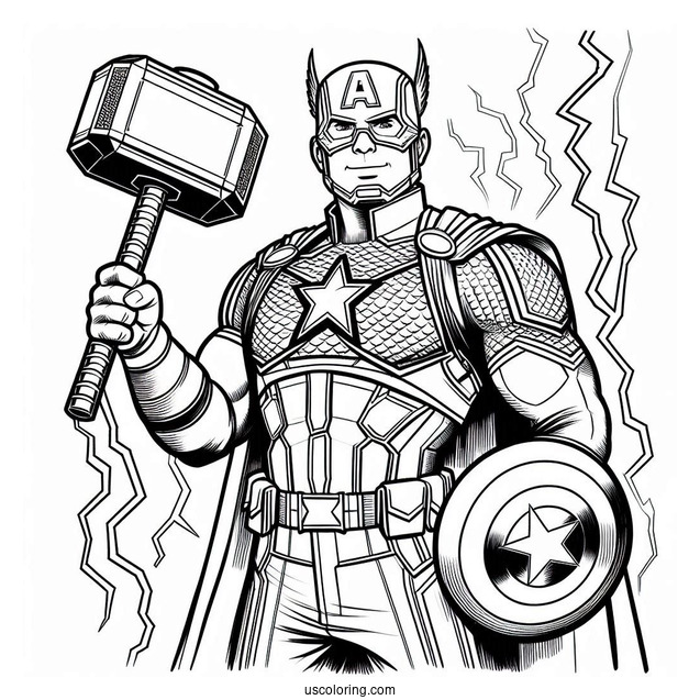 Captain America Holding Thors Hammer With Lightening