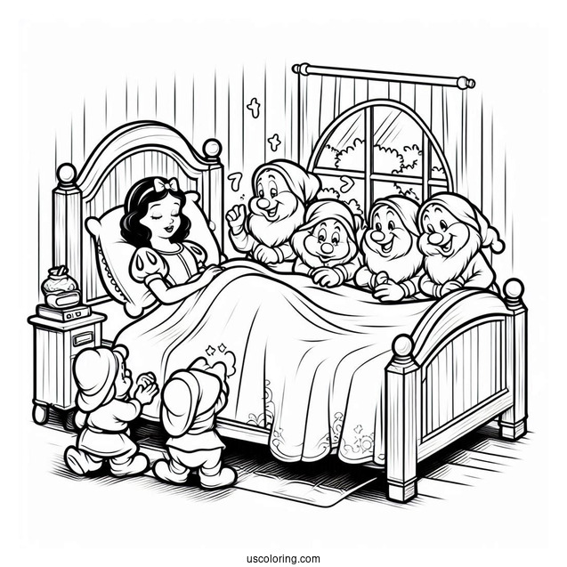 Snow White In Bed Being Woken Up By The Seven Dwarfs