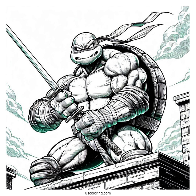 Ninja Turtles Coloring Page Of Angry Raphael Holding Sword On Rooftop