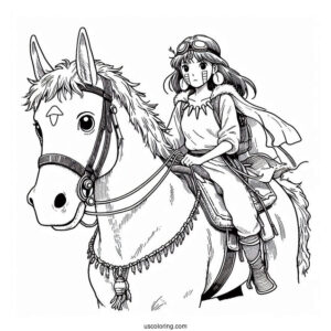 Studio Ghibli Coloring Page of Princess Mononoke San Riding Moro