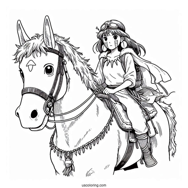 Studio Ghibli Coloring Page of Princess Mononoke San Riding Moro