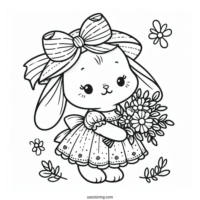 Adorable Bunny In A Dress With A Flower Bouquet In Spring Coloring Sheet