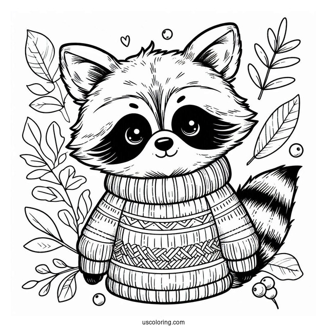 Cute Raccoon Coloring Page In A Sweater In Fall