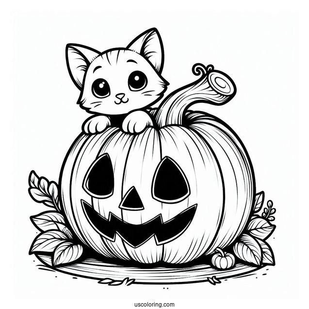 Pumpkin Coloring Page Of Cat Poking Head Out Of A Jack O Lantern