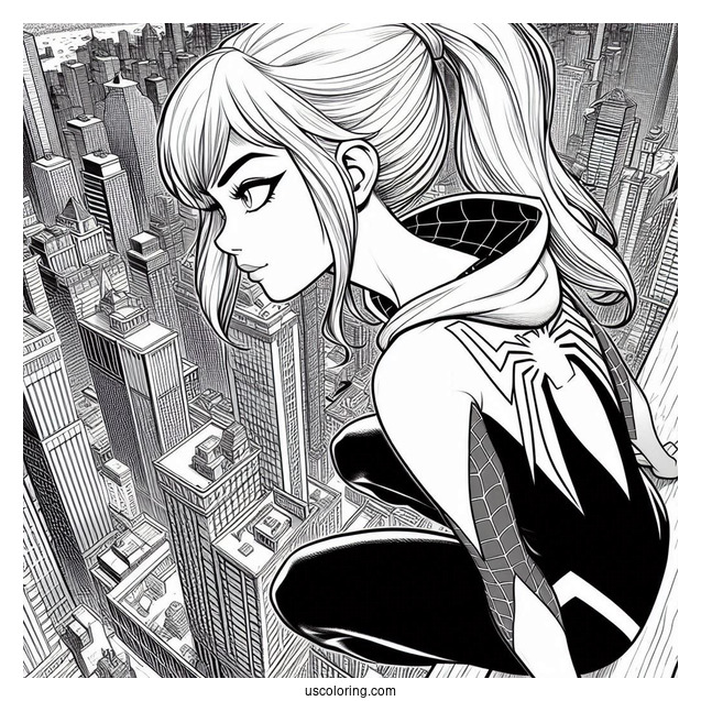 Spider-Gwen Coloring Page Looking Down From The Top Of A Building