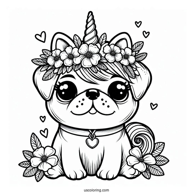 Adorable Pug Coloring Page Wearing a Unicorn Horn and Flower Crown