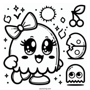Kawaii Mrs. Pac-Man Coloring Page For Kids