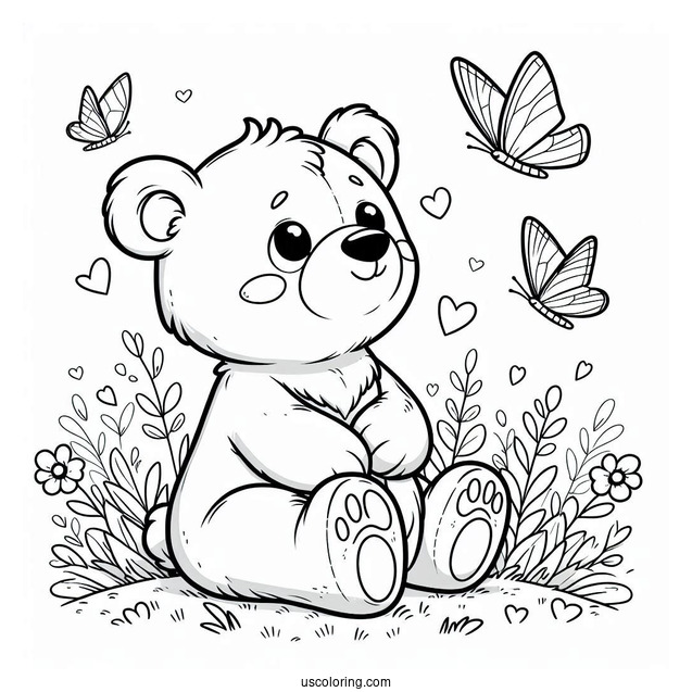 Cute Bear Coloring Page Sitting In Grass With Butterflies
