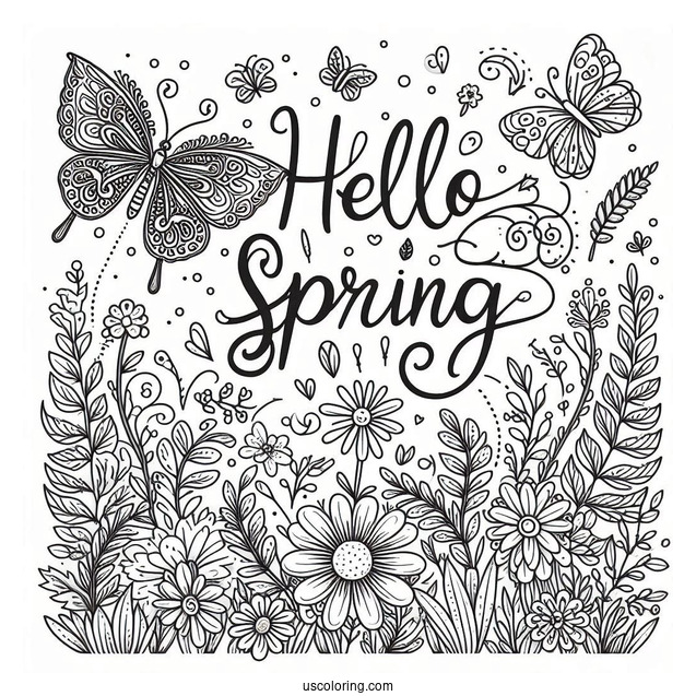 Festive Hello Spring Words With Butterfly In The Garden