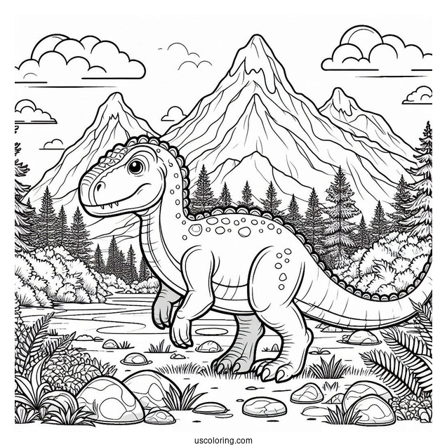 Dinosaur Coloring Page Of Mapusaurus In Mountain Landscape