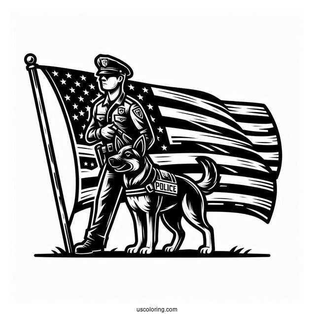 Police K-9 Unit With American Flag To Color