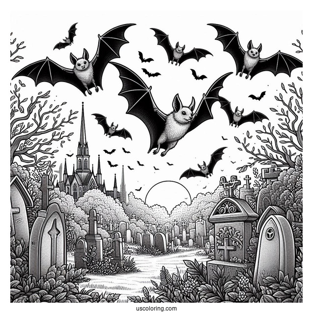 Realistic Bats Coloring Page Flying In Cemetery
