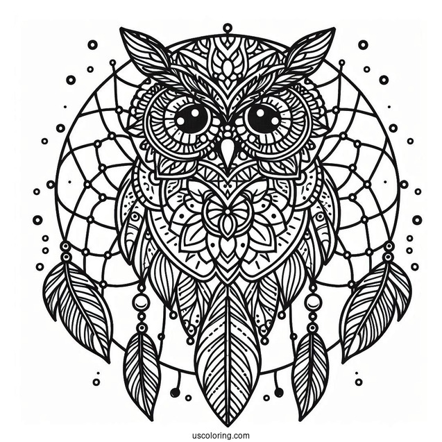 Owl Mandala Dreamcatcher Coloring Page