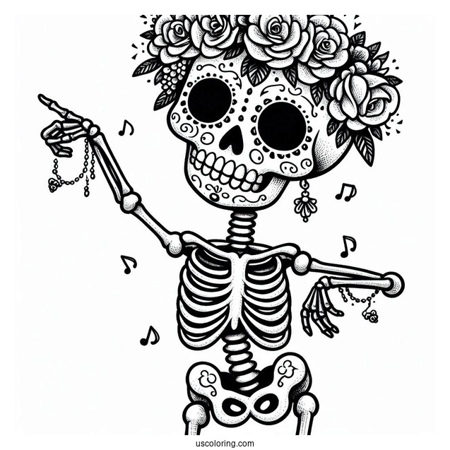 Skeleton Coloring Page Of Sugar Skull With Flower Crown Dancing