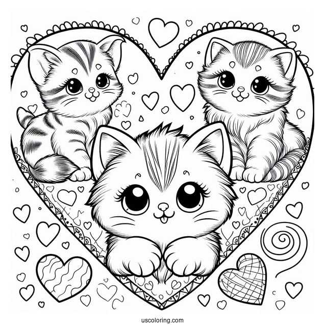 Cute Coloring Page Kittens Inside A Love Heart
