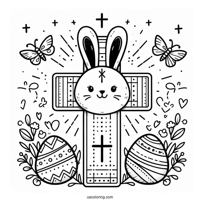 Easter Cross Coloring Page With Bunny Ears And Eggs For Preschoolers