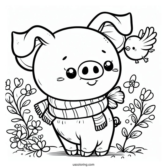 Cute Cartoon Pig With Bird