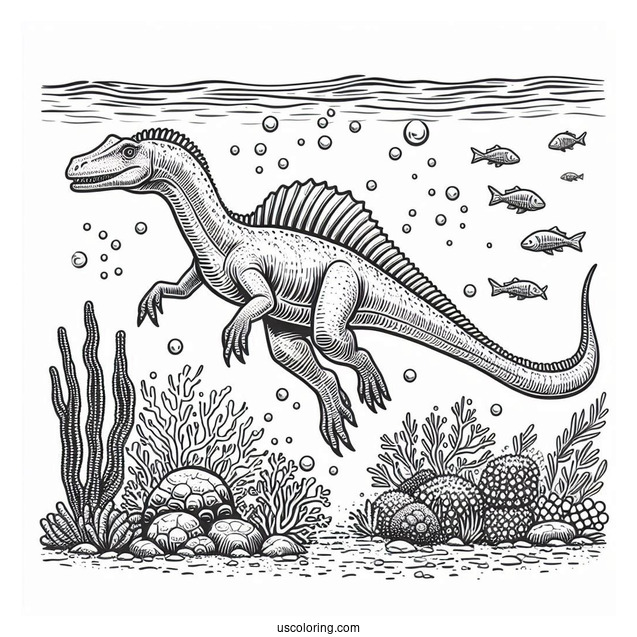 Spinosaurus Coloring Page Swimming Underwater