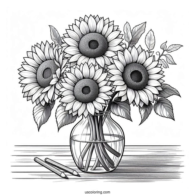 Four Beautiful Sunflowers In Vase For Coloring_