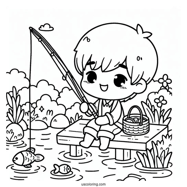 Kawaii Little Boy Fishing Coloring Page In The River For Preschoolers