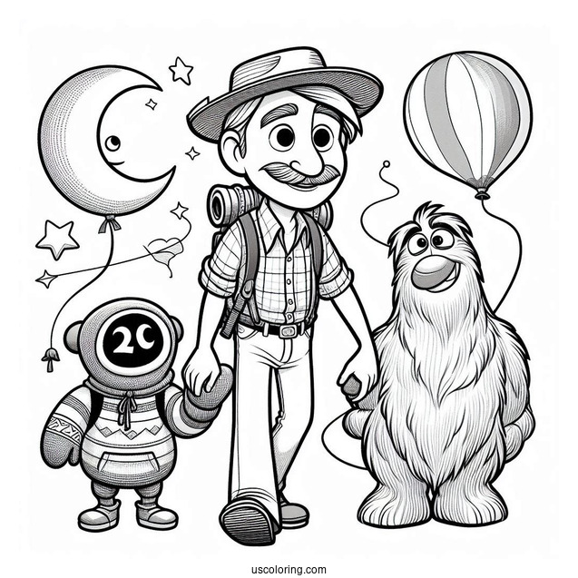Pixar Coloring Page of Joe Gardner With 22, Moonwind, And Mittens From Soul