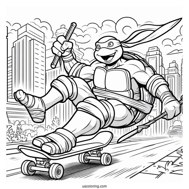 Ninja Turtles Coloring Page Of Michelangelo On Skateboard
