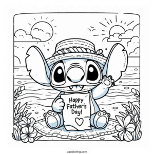 Stitch Holding Up A Father's Day Coloring Page Of Greeting At The Beach For Kids