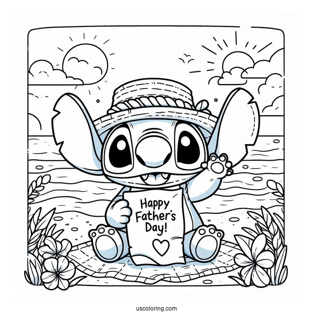 Stitch Holding Up A Father's Day Coloring Page Of Greeting At The Beach For Kids