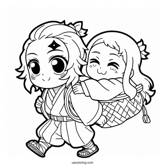 Chibi Tanjiro Coloring Page Carrying Nezuko On His Back For Preschoolers