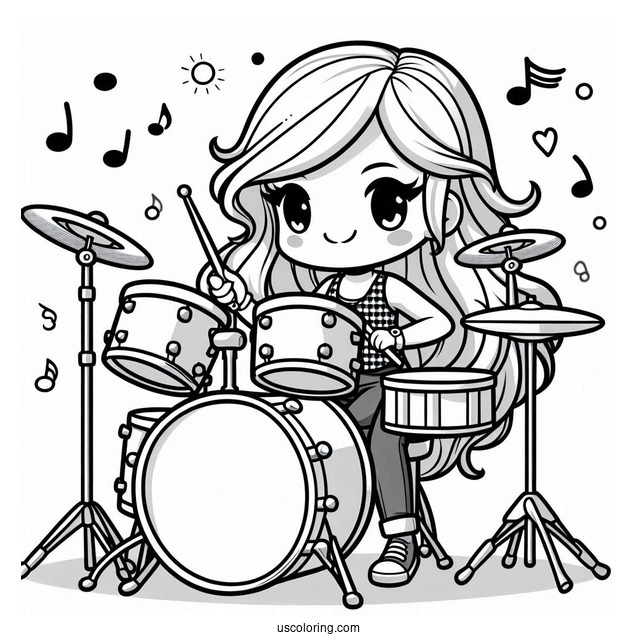 Music Coloring Page Of Cartoon Female Drummer