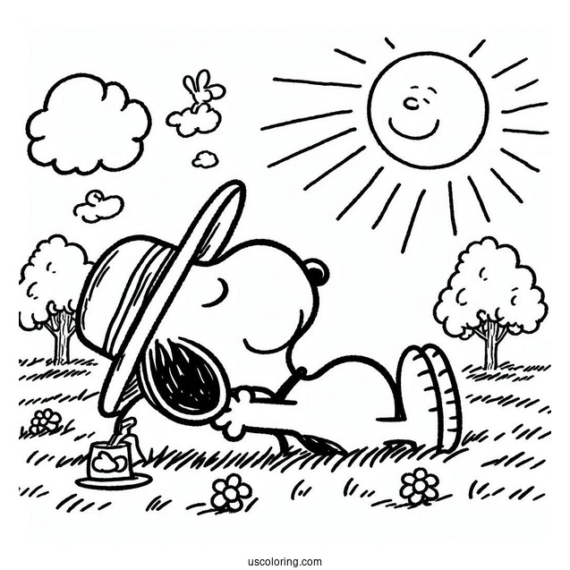Snoopy Relaxing In The Sun To Color