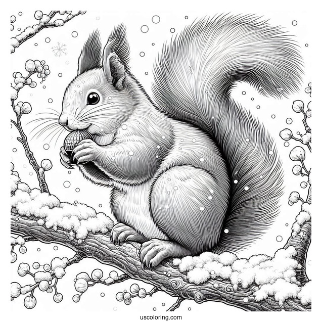 Realistic Squirrel Coloring Page Eating Nut On Snow Covered Branch