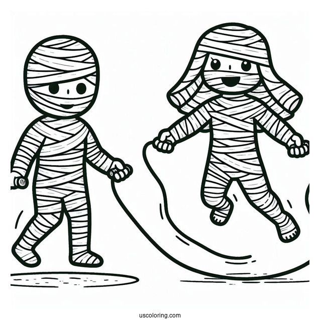 Easy Mummy Coloring Page Playing Jump Rope For Kids