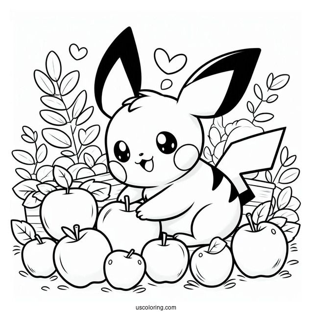 Pichu Coloring Page Collecting Apples With Pikachu For Kids