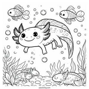 Cheerful Axolotl Coloring Page Swimming With Fishes