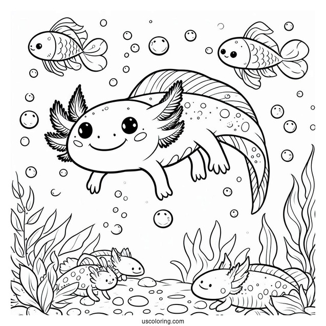 Cheerful Axolotl Coloring Page Swimming With Fishes
