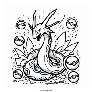 Rayquaza Coloring Page Surrounded By Pokeballs