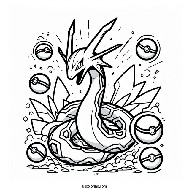 Rayquaza Coloring Page Surrounded By Pokeballs