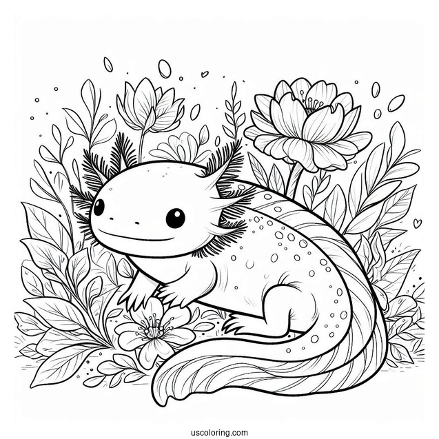 Shy Axolotl Coloring Page Hovering Above Flowers And Leaves